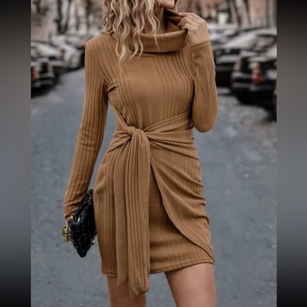 Classic Long Sleeve Cowl Neck Knot Side Wrap Hem Ribbed Dress - Picture 7 of 16